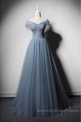 Grey-Blue Tulle Off Shoulder Beaded Long Semi Formal Prom Dress Party Dress, Long Evening Gowns